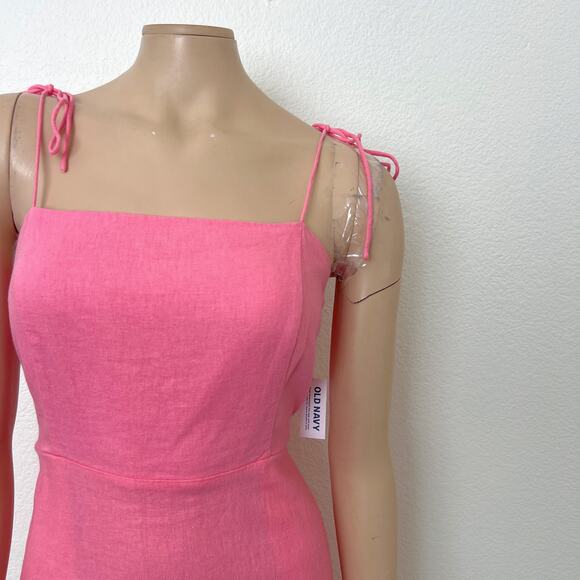 [Old Navy] Pink Linen Blend Square Neck Mini Dress Smocked Tie Straps Sz Large L - Picture 9 of 12